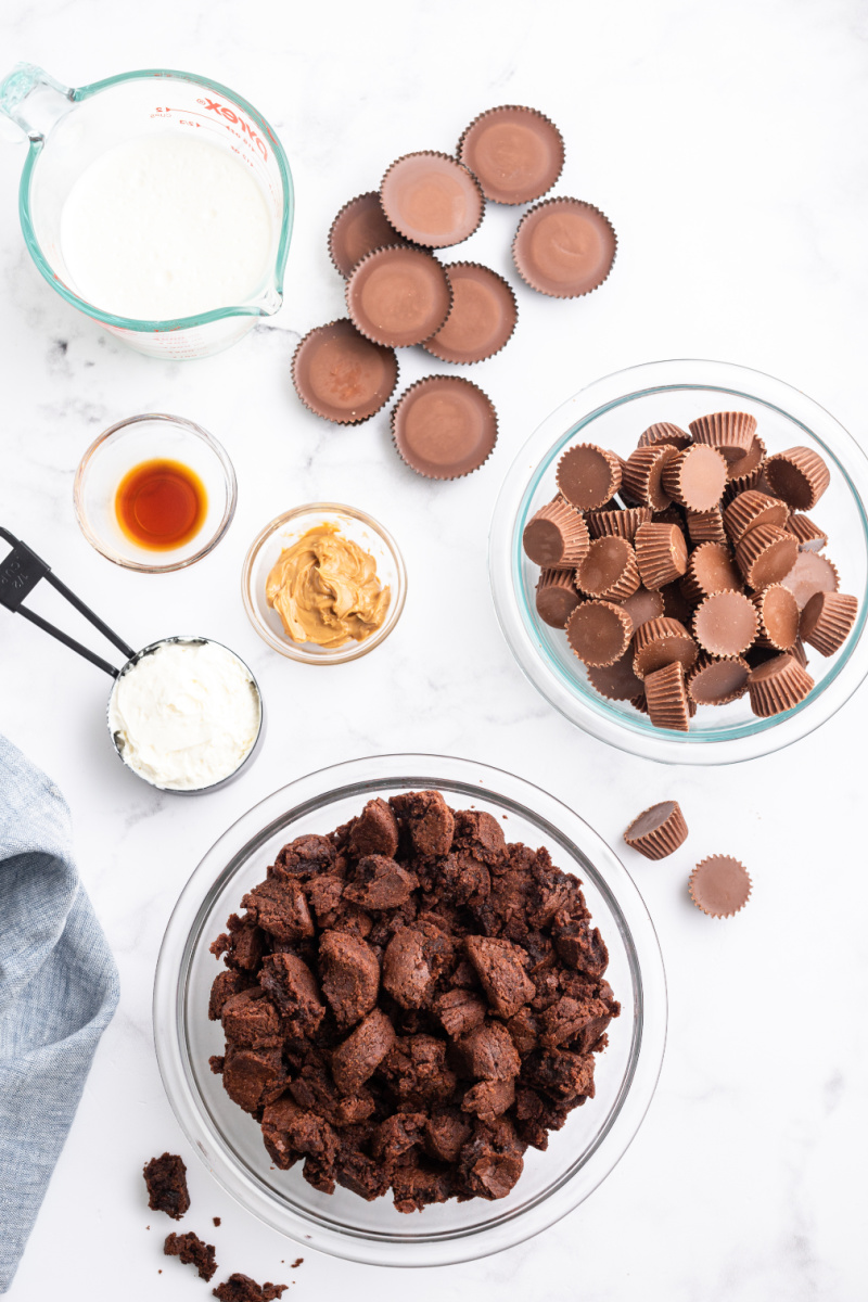 ingredients displayed for making peanut butter cup brownie trifle