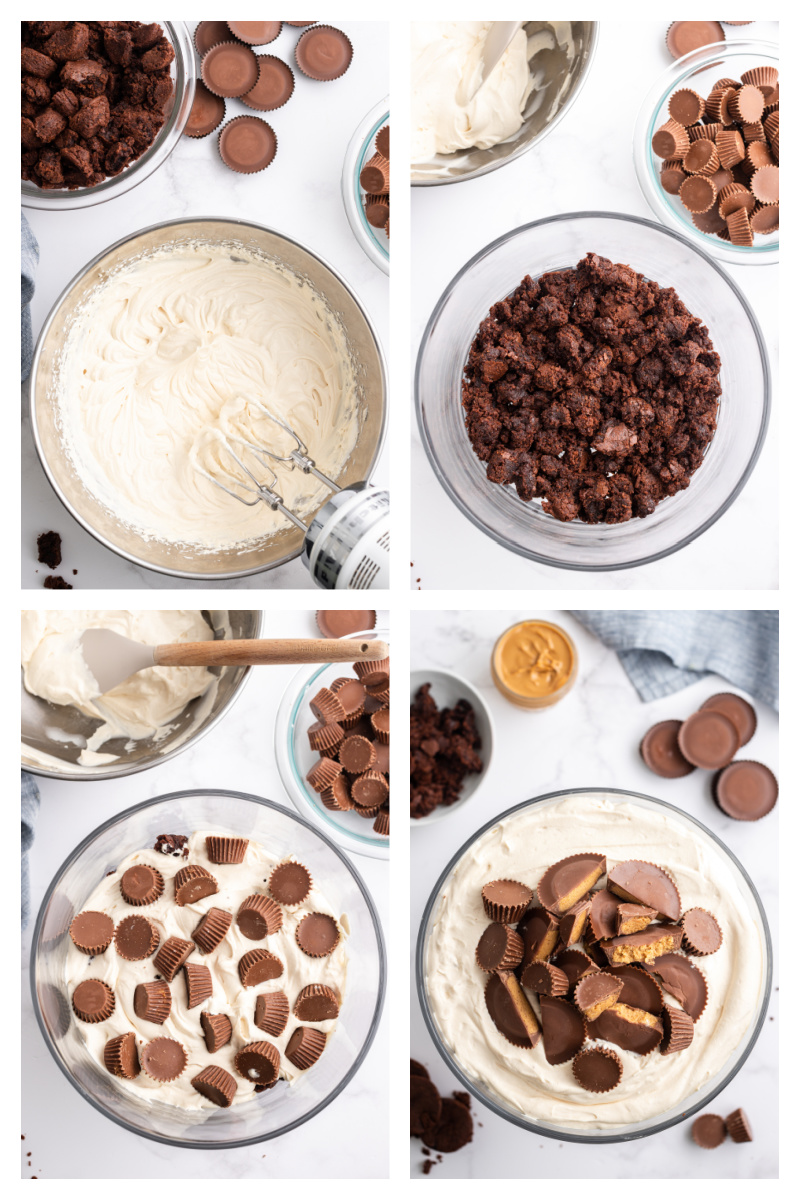 four photos showing how to assemble a peanut butter cup brownie trifle