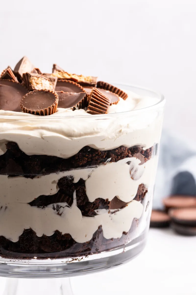 close up side view of peanut butter cup brownie trifle