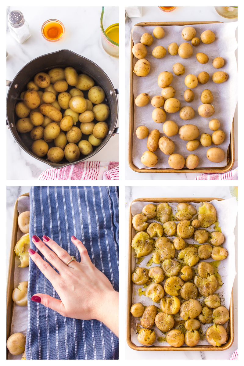 four photos showing how to make salt and vinegar smashed potatoes