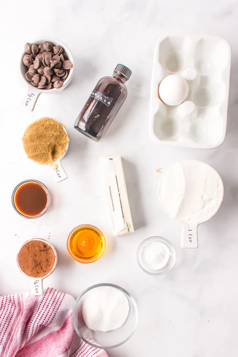 ingredients displayed for making chocolate chocolate chip cookies