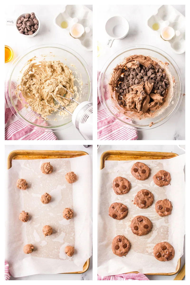 four photos showing how to make chocolate chocolate chip cookies