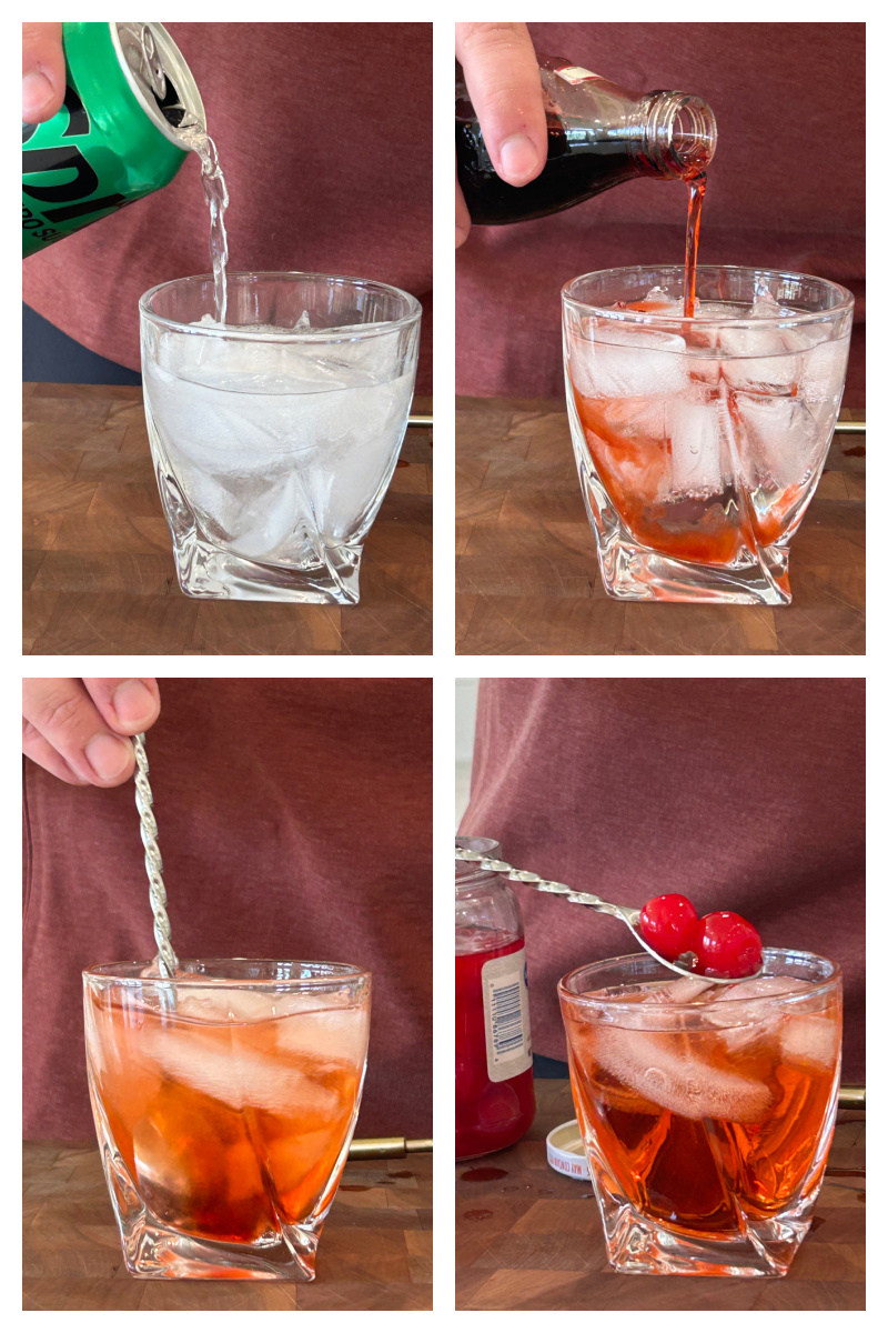 four photos showing how to make a dirty shirley temple