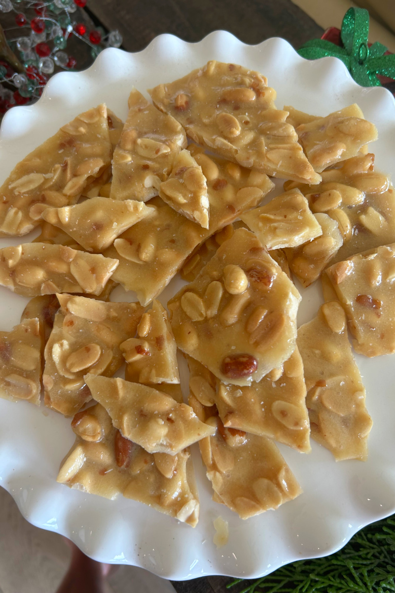 easy microwave peanut brittle on a platter