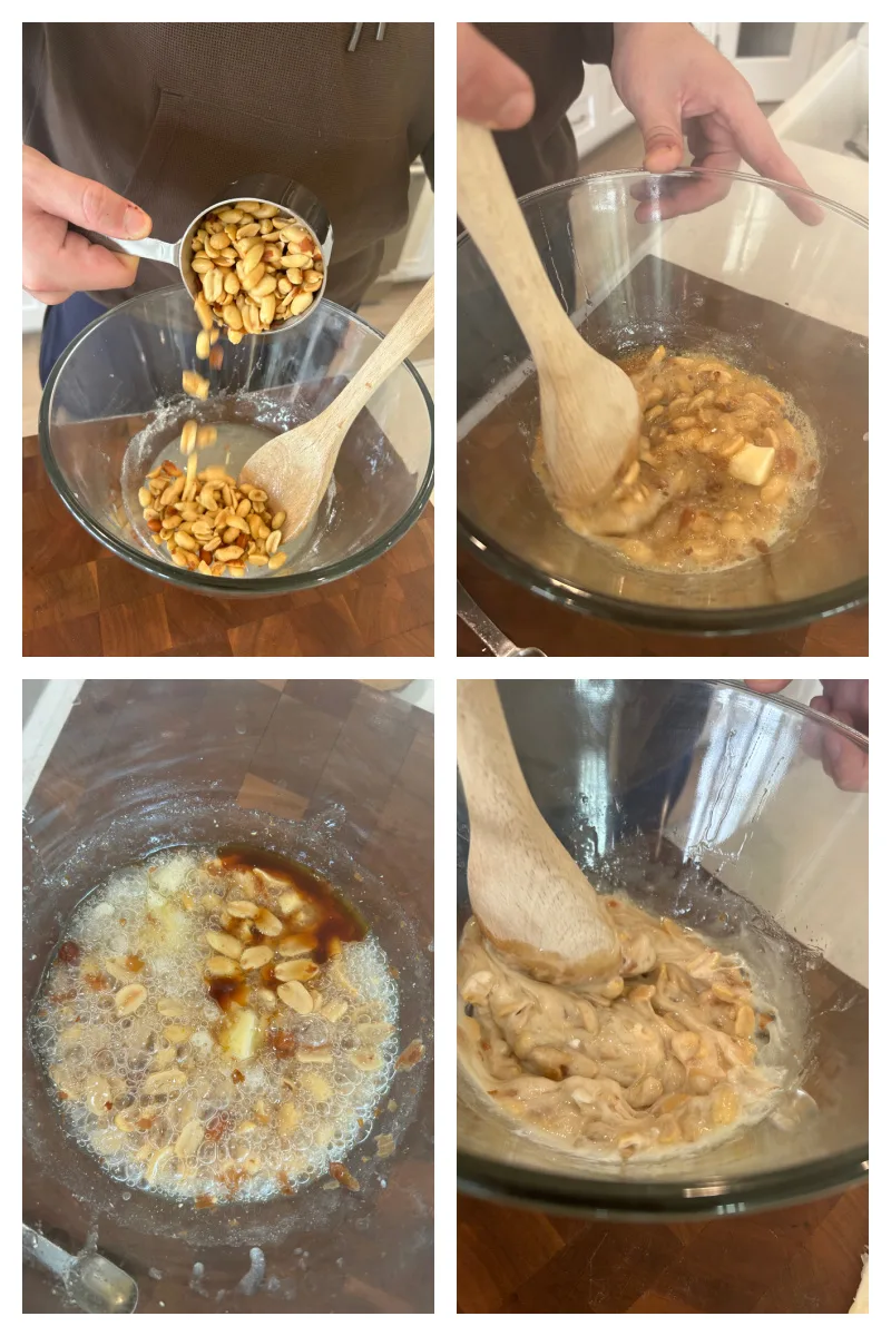 four photos showing how to make microwave peanut brittle