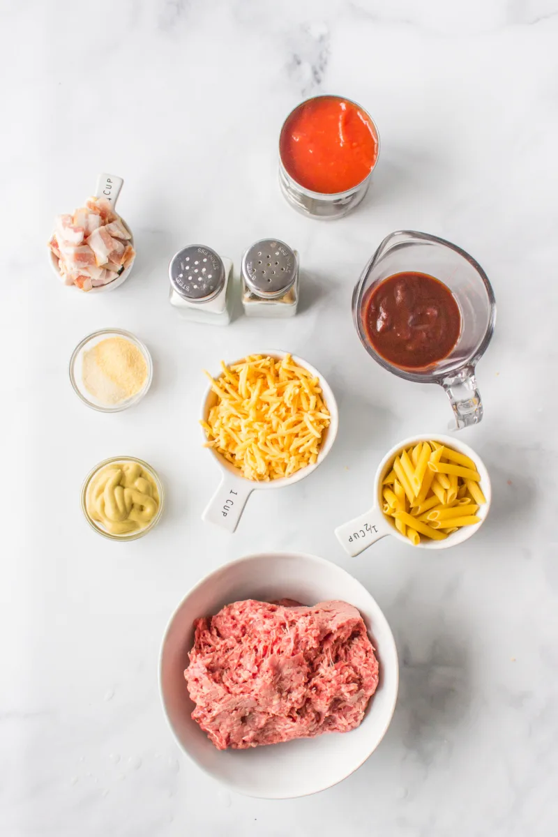 ingredients displayed for making bacon cheeseburger pasta