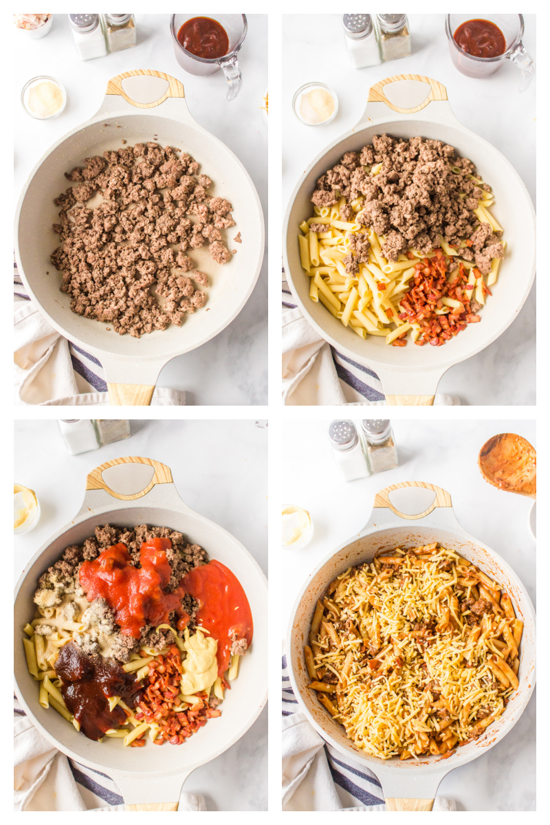 four photos showing how to make bacon cheeseburger pasta