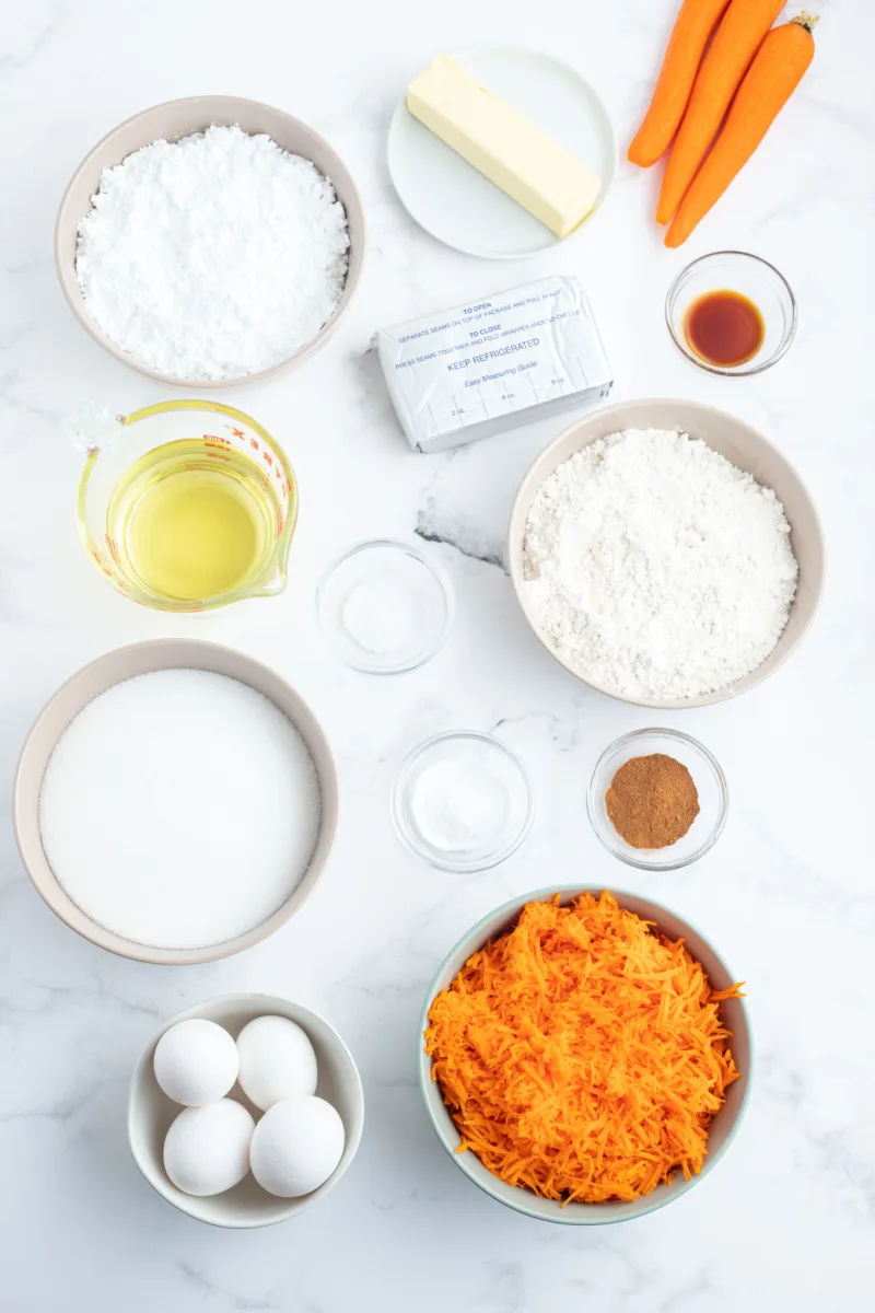 ingredients displayed for making carrot cake