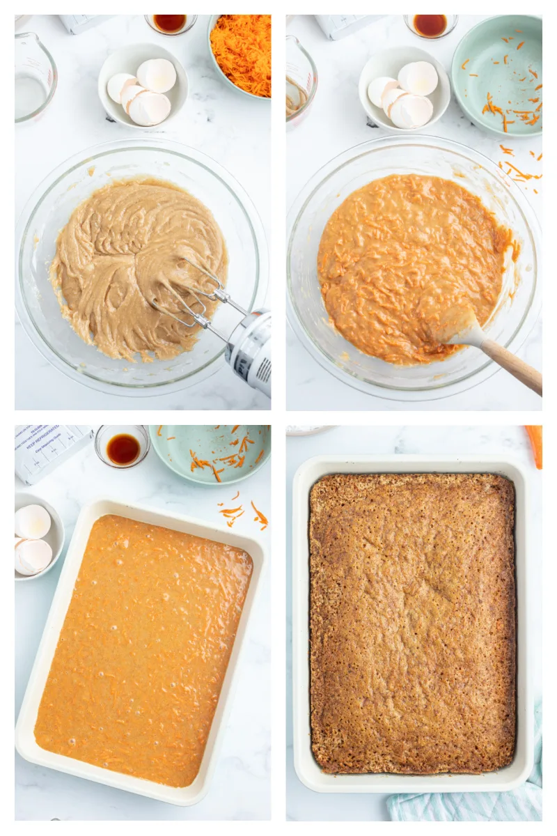 four photos showing how to make carrot cake