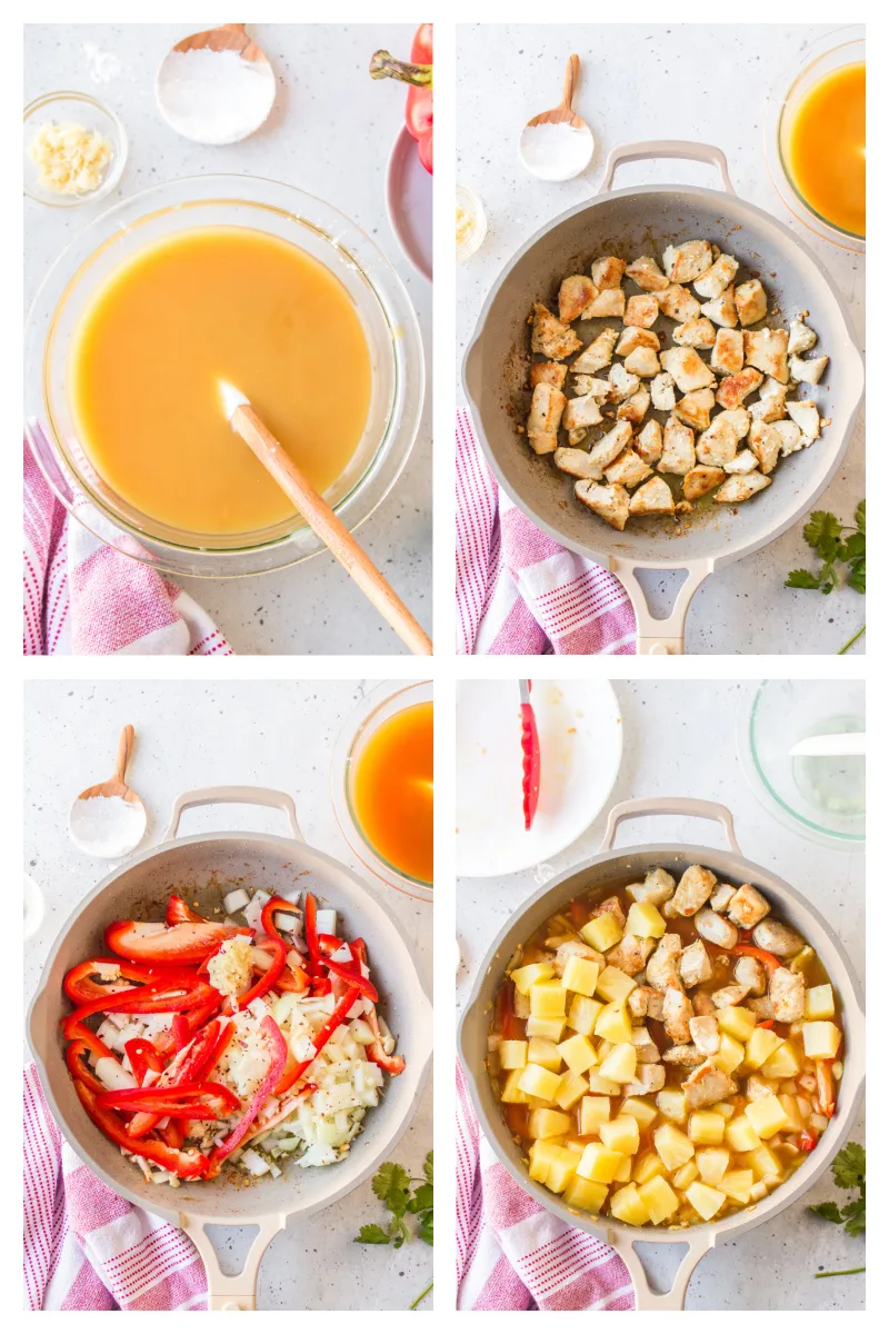 four photos showing how to make pineapple chicken ginger stir fry