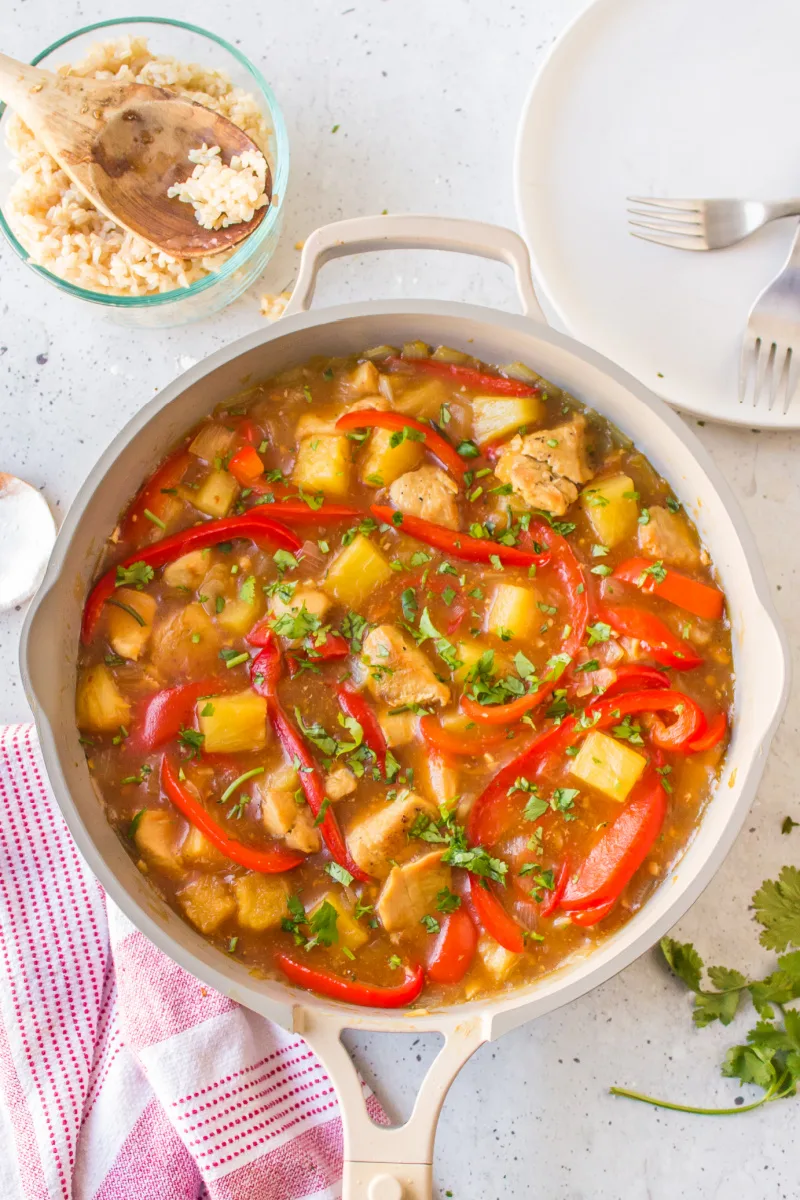 skillet with pineapple ginger chicken stir fry