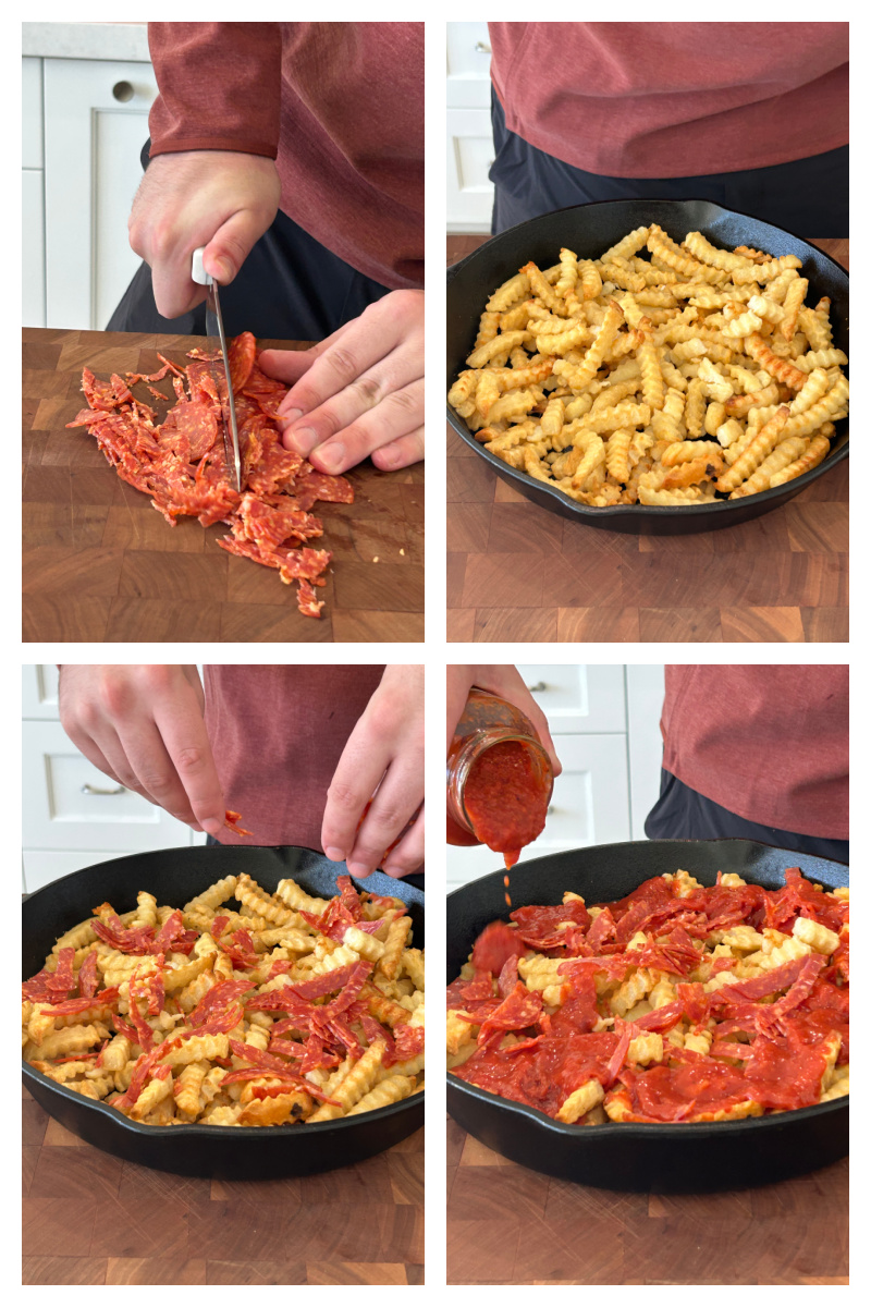 four photos showing how to make pizza fries