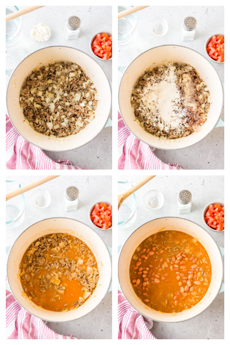 four photos sharing how to make chili beans in pot for frito pie