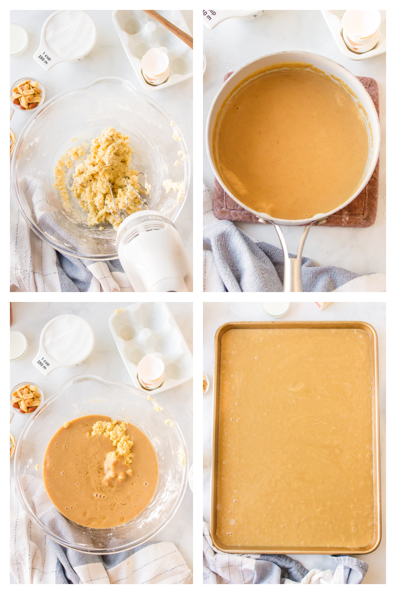four photos showing how to make peanut butter sheet cake