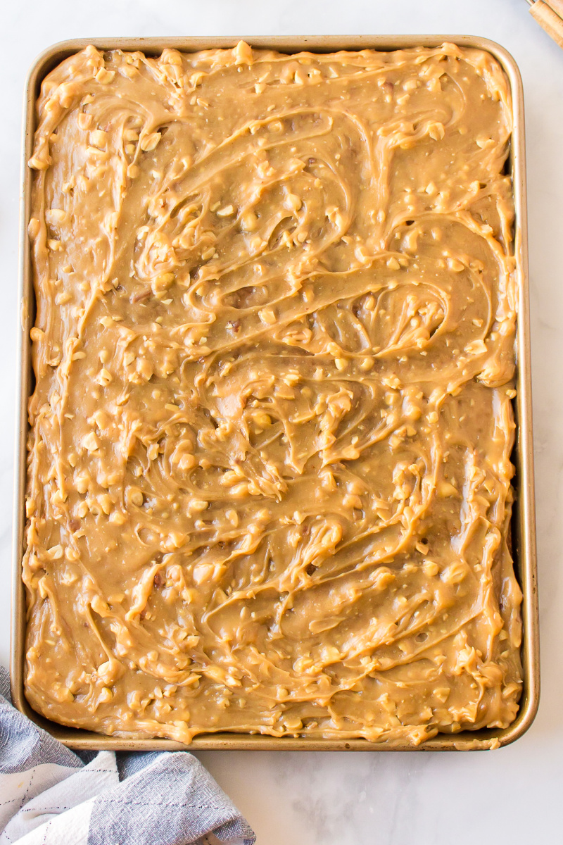 peanut butter sheet cake in pan