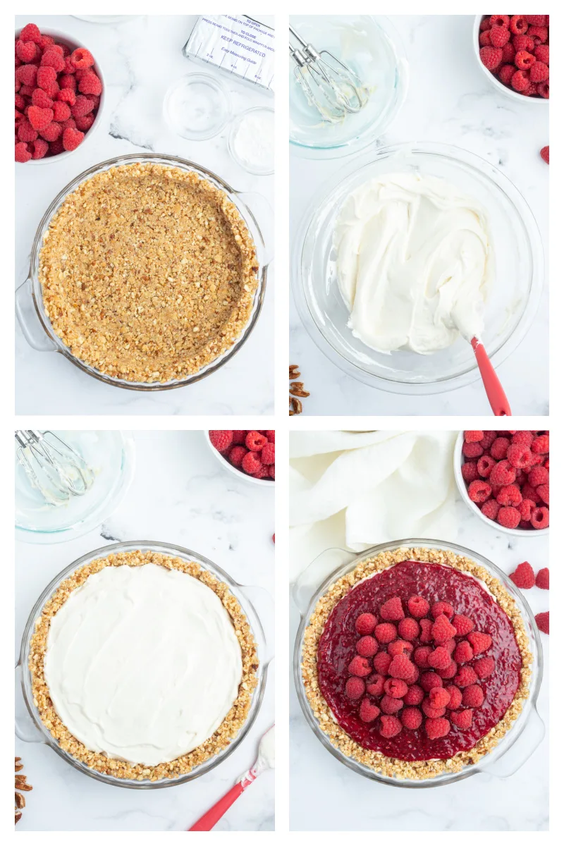 four photos showing how to make raspberry cream pie