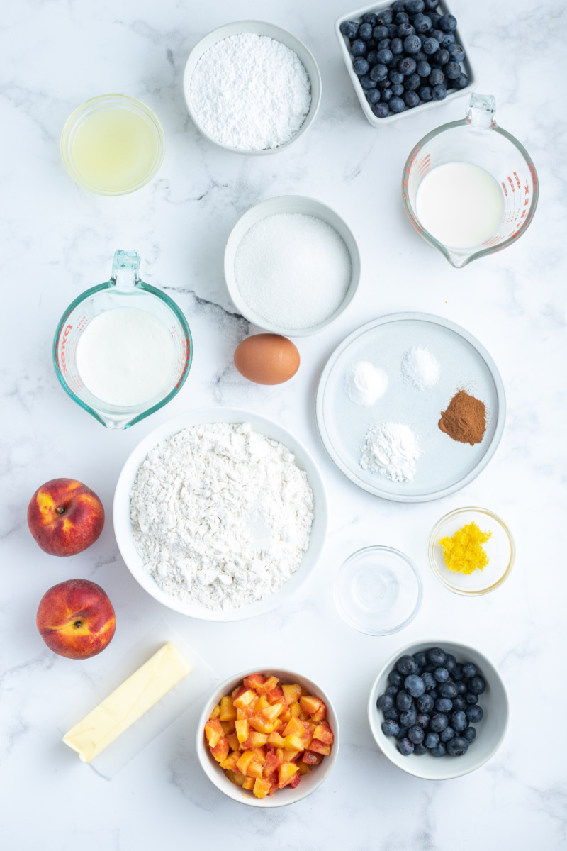 ingredients displayed for making blueberry peach scones