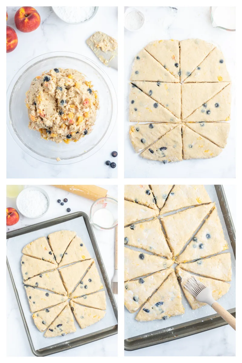 four photos showing how to make blueberry peach scones