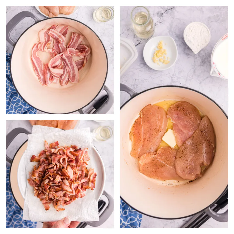 three photos showing raw bacon pot and then cooked and then chicken cooking in pan