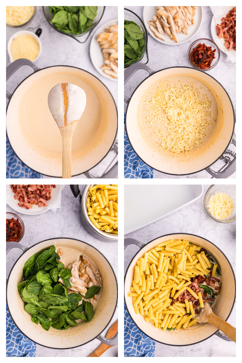 four photos showing how to assemble steps for creamy tuscan chicken pasta bake