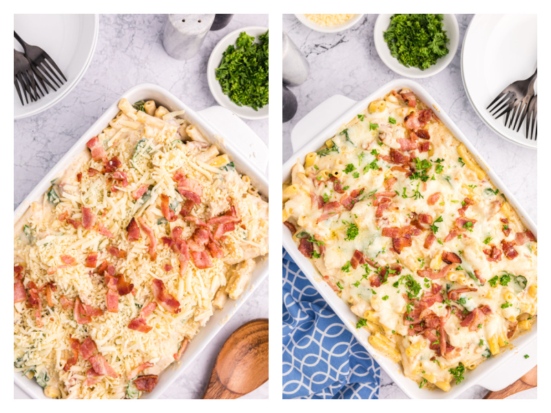 two photos showing pasta in casserole dish before and after baking