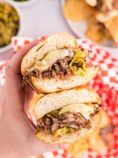 crockpot italian beef sandwich cut in half