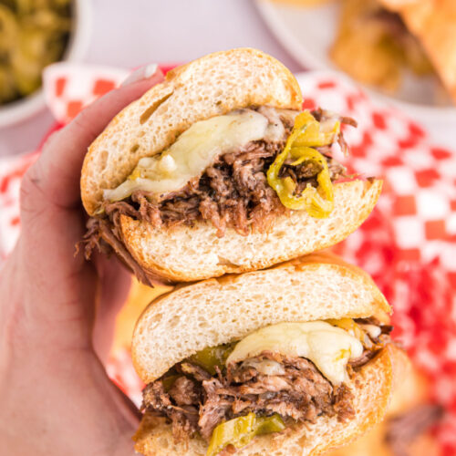 crockpot italian beef sandwich cut in half