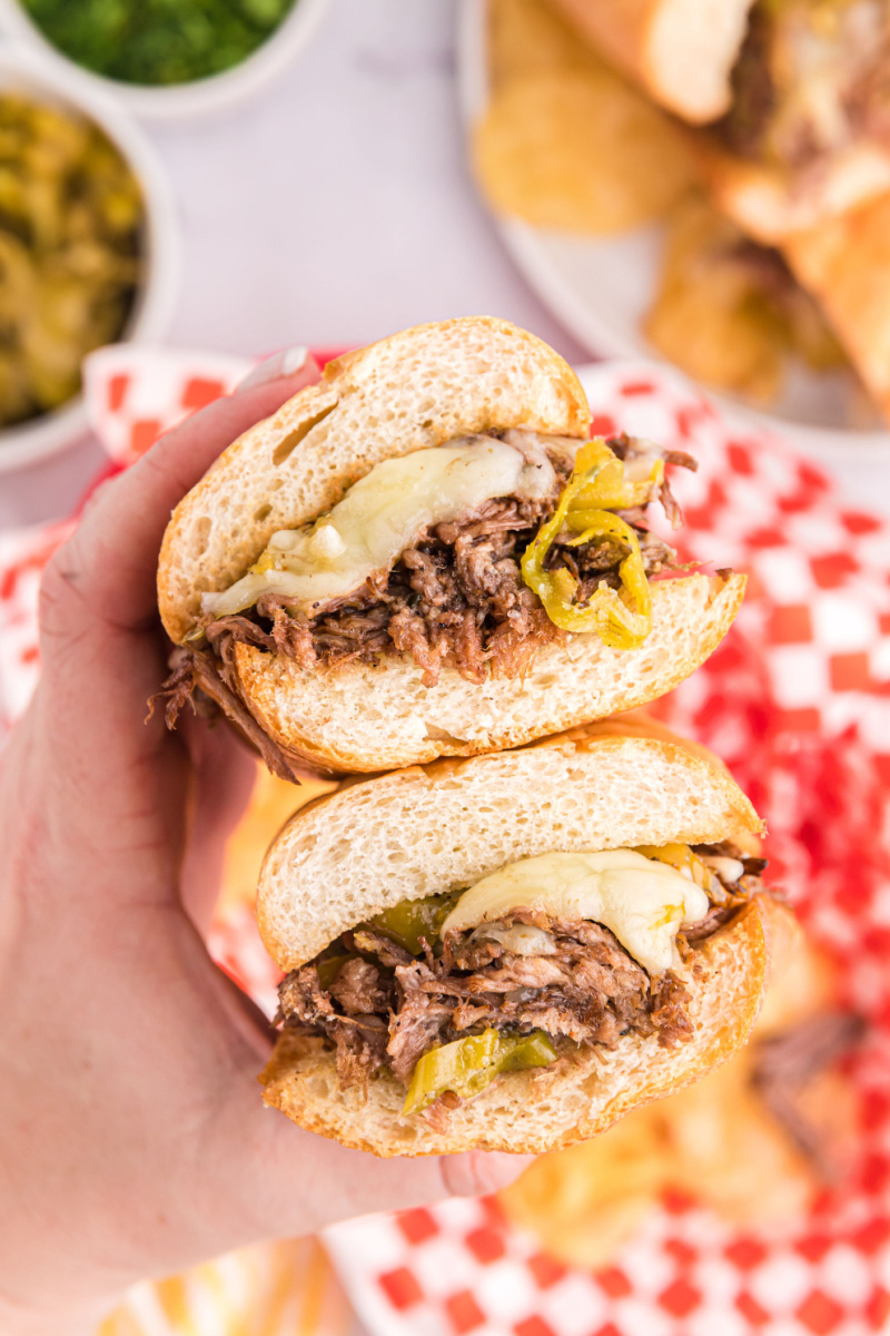 crockpot italian beef sandwich cut in half