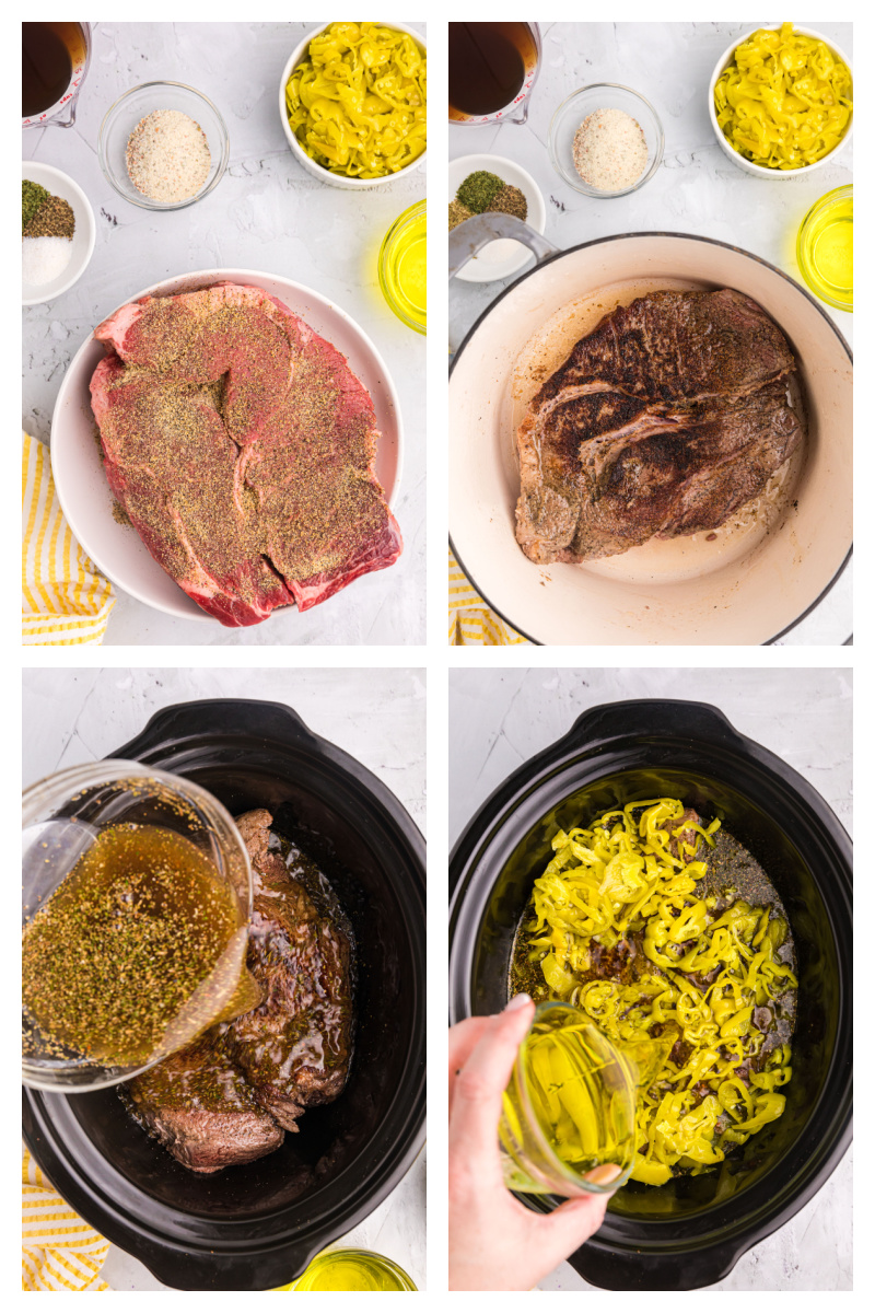 four photos showing how to make crockpot italian beef sandwiches