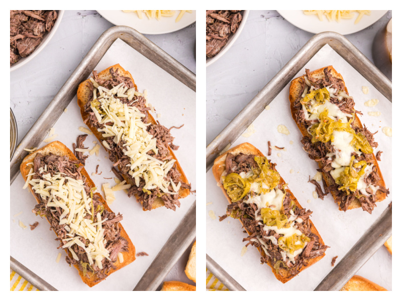 two photos showing how to make crockpot italian beef sandwiches