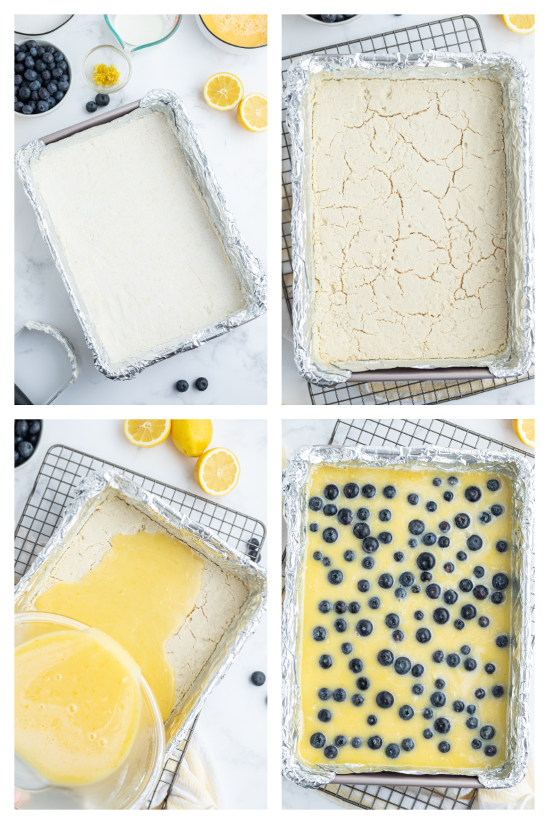 four photos showing how to make lemon blueberry bars