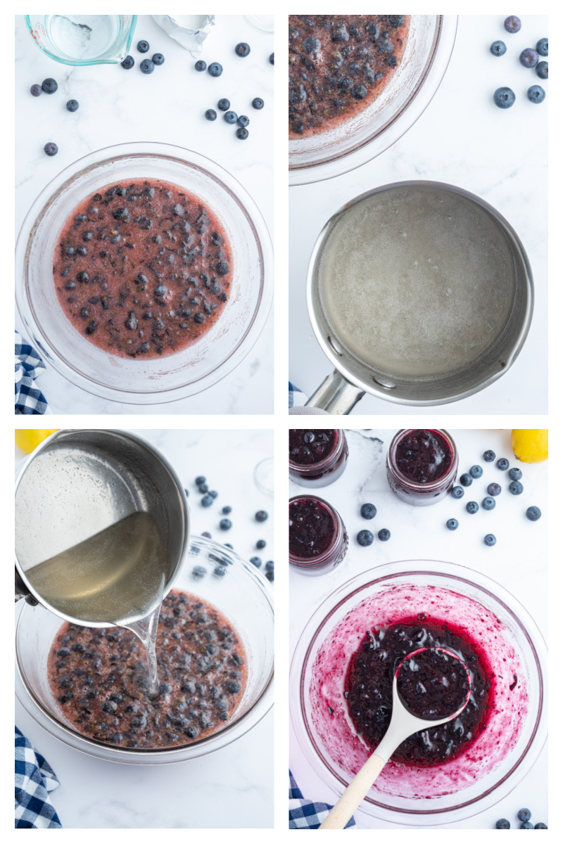 four photos showing how to make spiced blueberry freezer jam