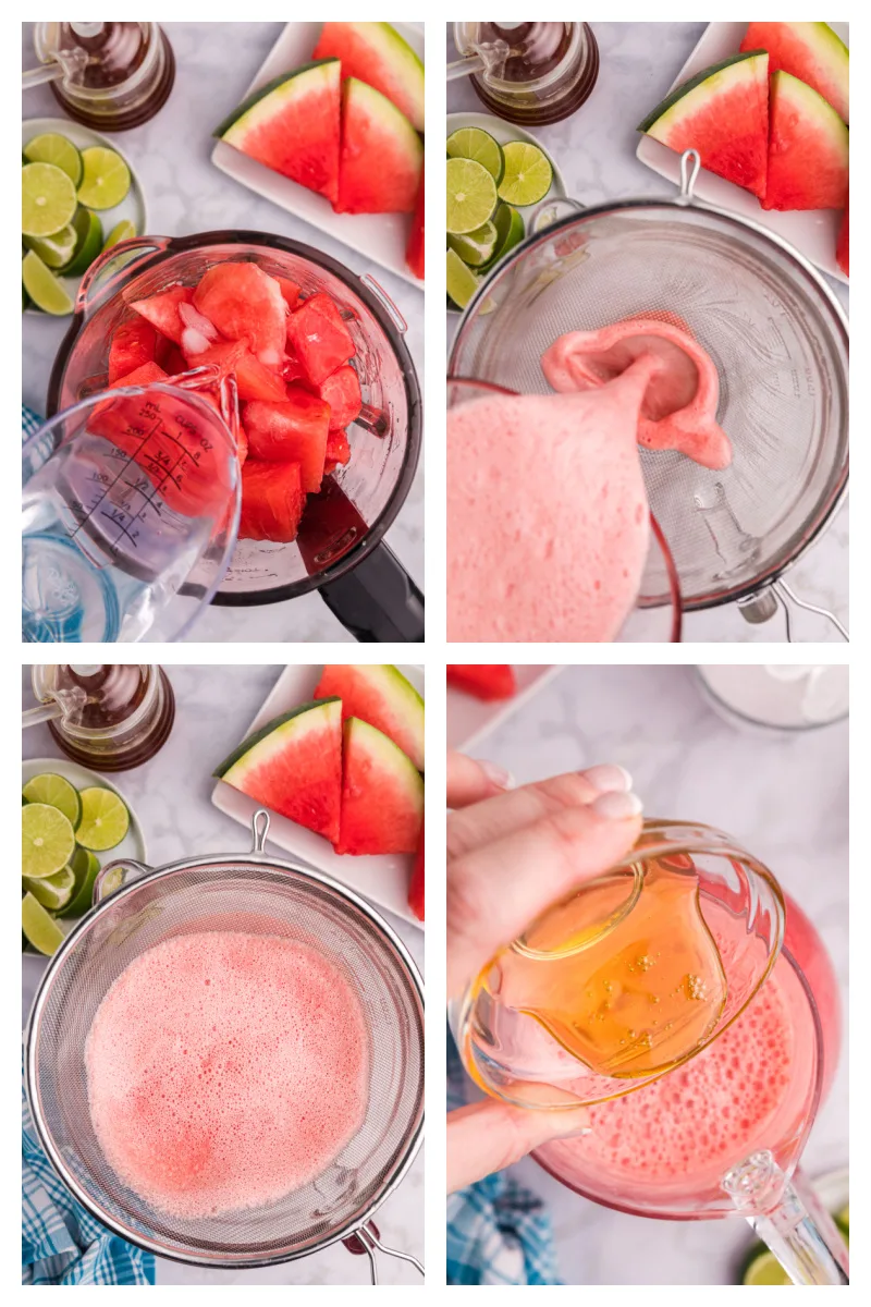 four photos sharing how to make watermelon agua fresca