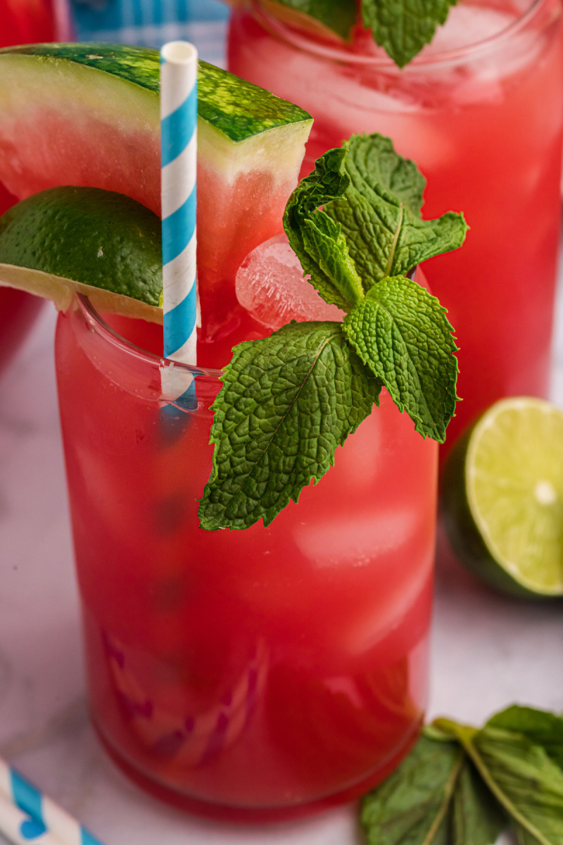 watermelon agua fresca in glass with straw