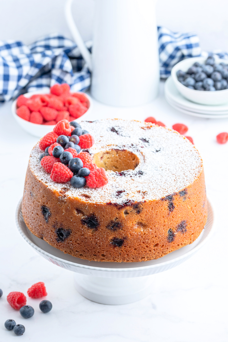 berry pound cake on cake platter