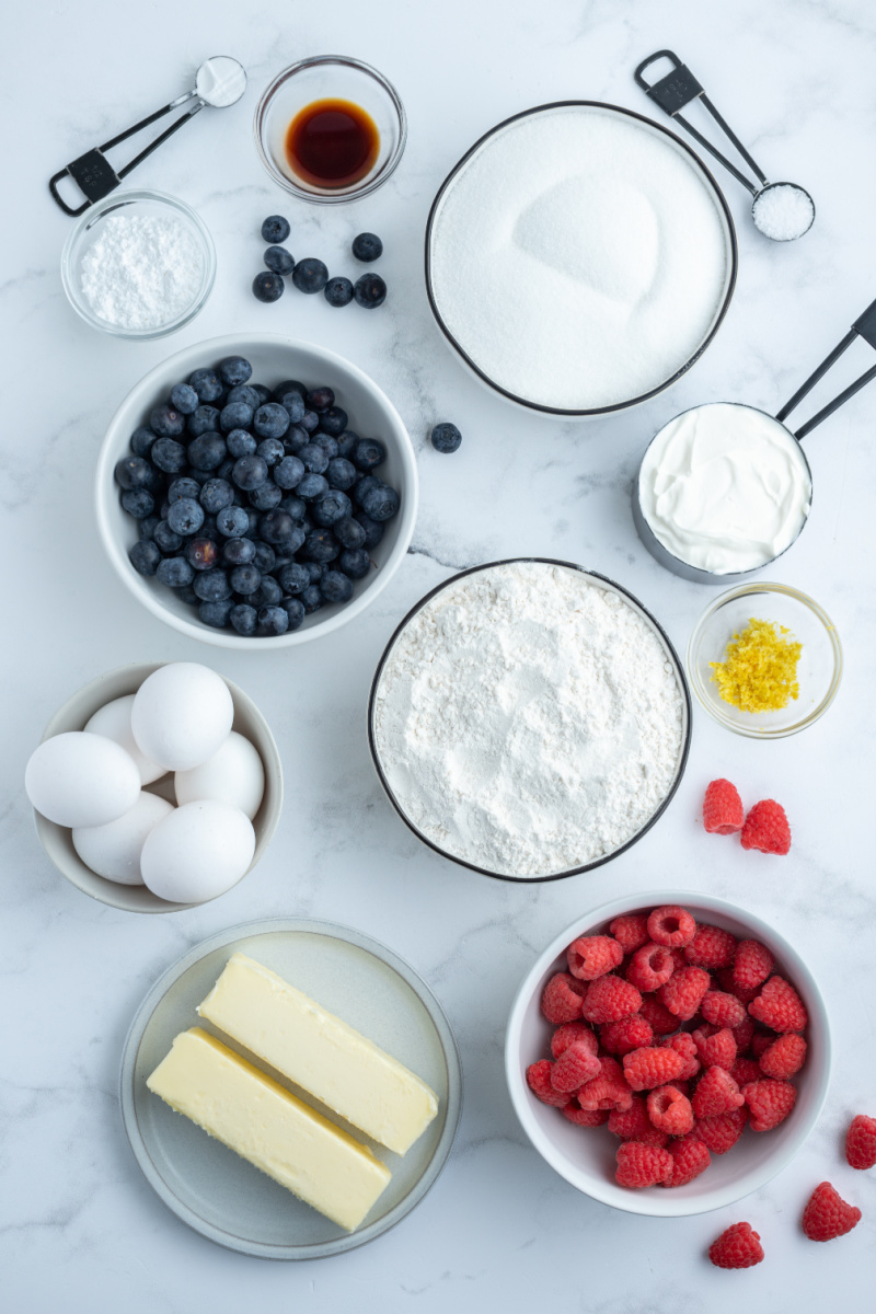 ingredients displayed for making berry pound cake