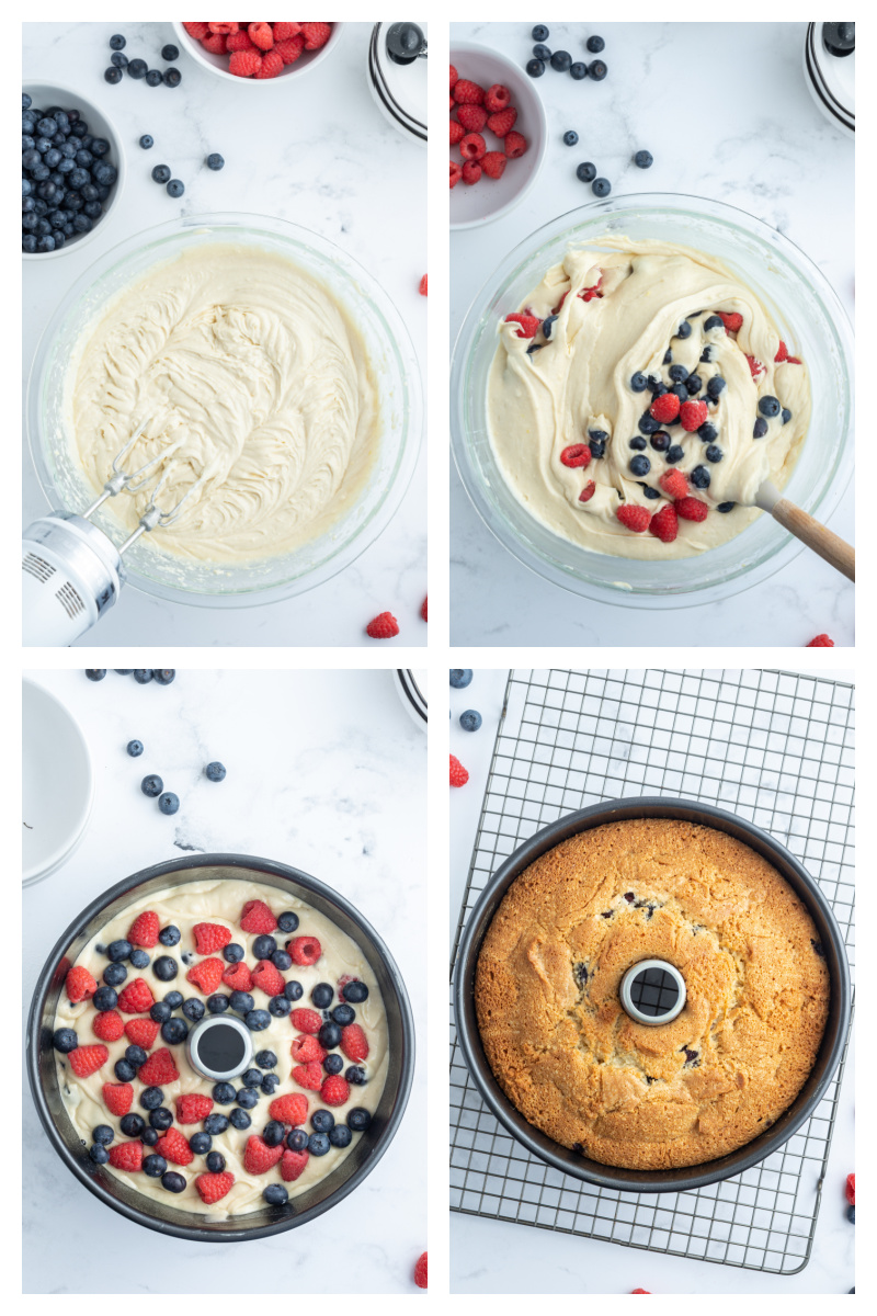 four photos showing making of berry pound cake