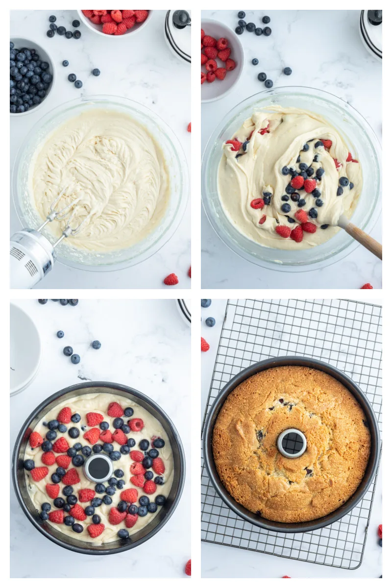four photos showing making of berry pound cake