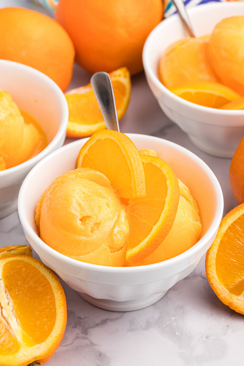 orange sherbet in bowl with orange slices