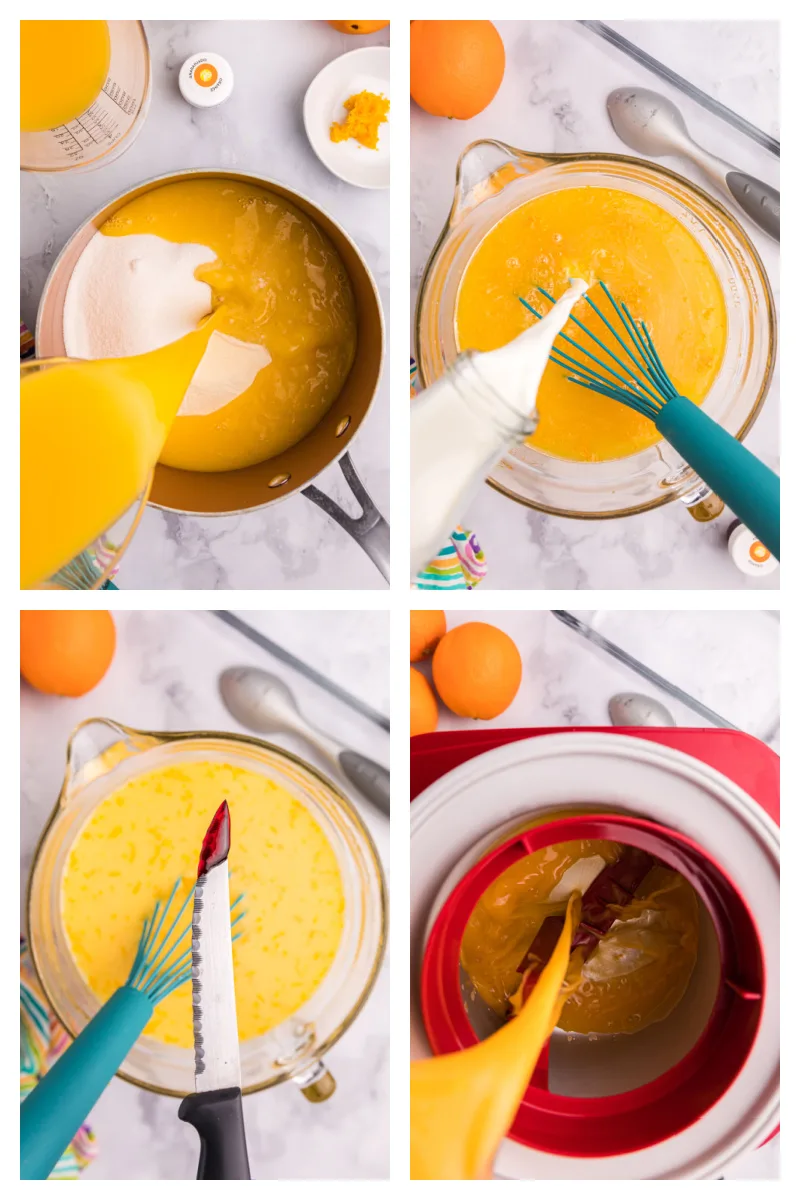 four photos showing how to make orange sherbet in ice cream maker