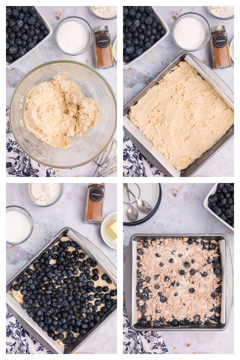 four photos showing how to make blueberry buckle