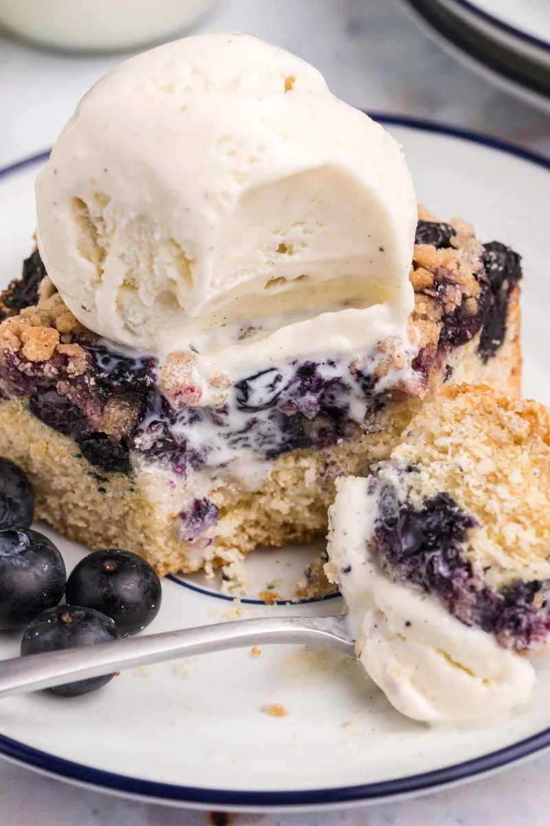 blueberry buckle on plate topped with ice cream