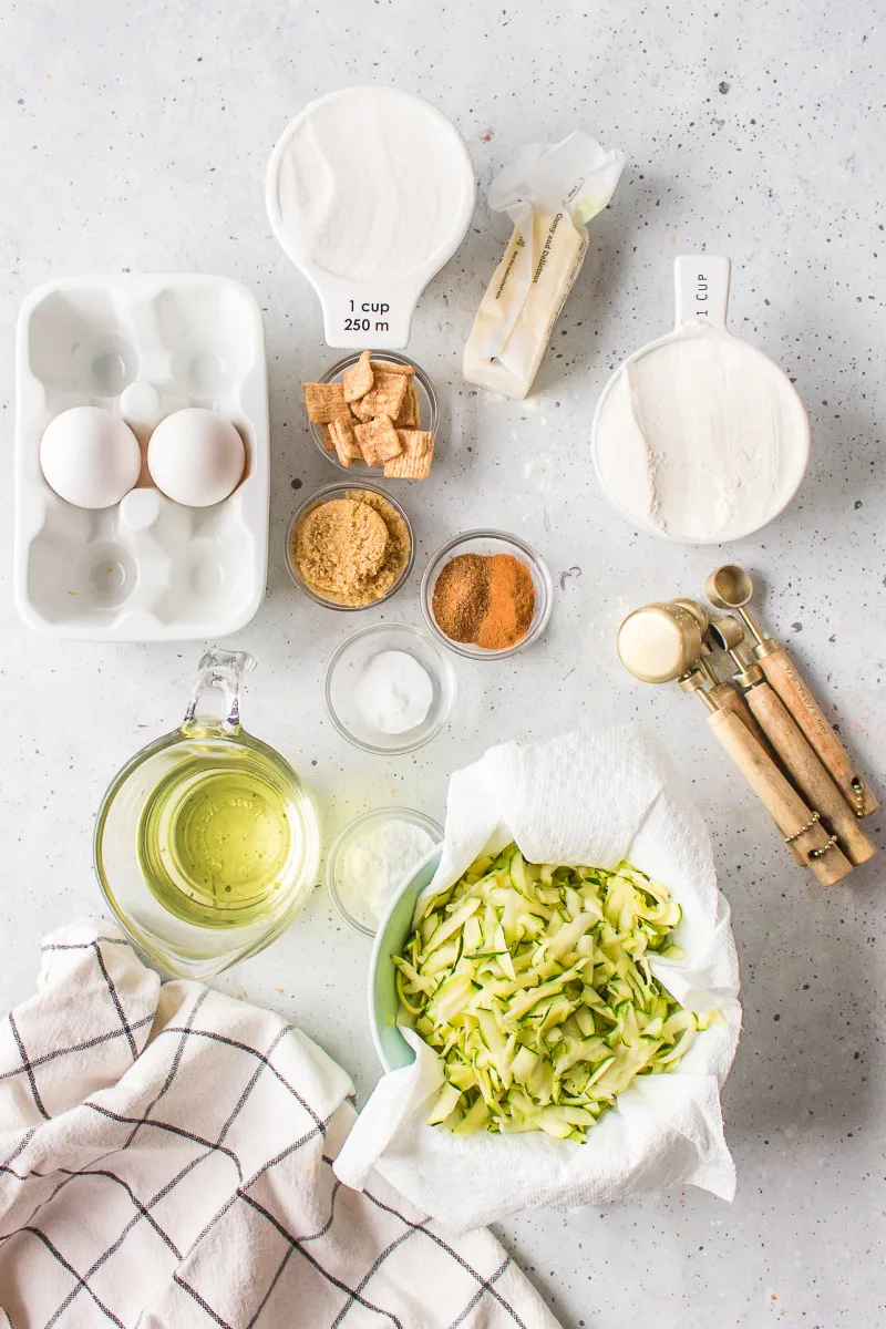 ingredients displayed for making cinnamon toast crunch zucchini bread