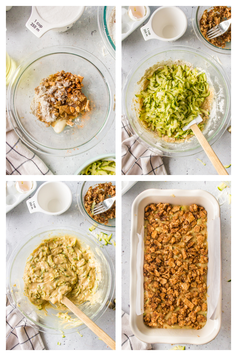 four photos showing how to make cinnamon toast crunch zucchini bread