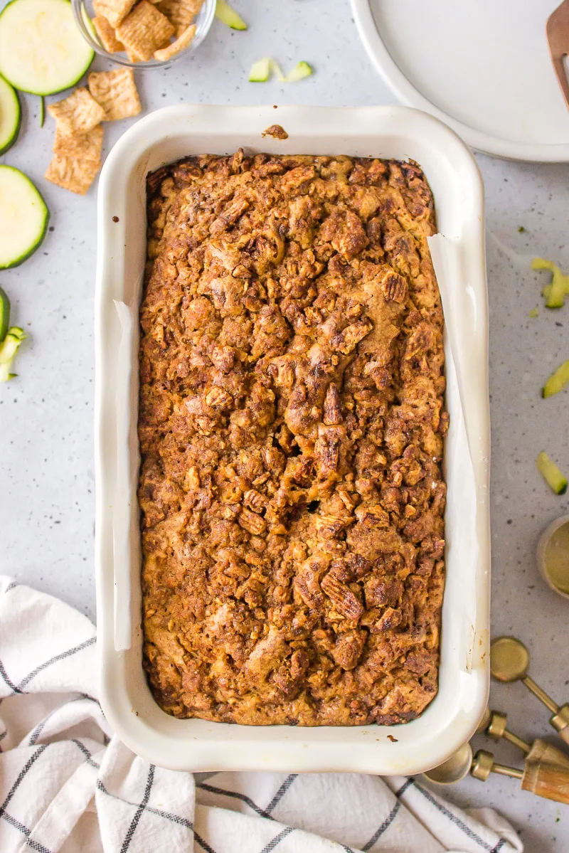 loaf of cinnamon toast crunch zucchini bread in pan