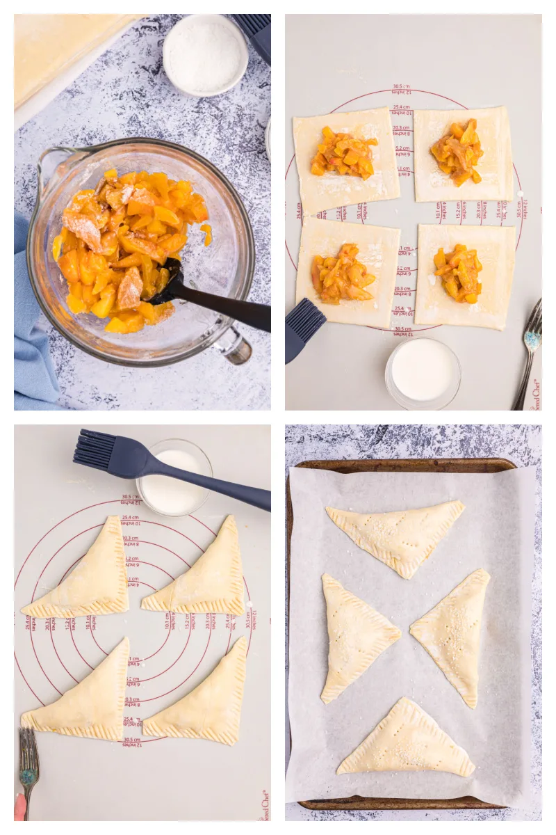 four photos sharing how to make easy peach turnovers