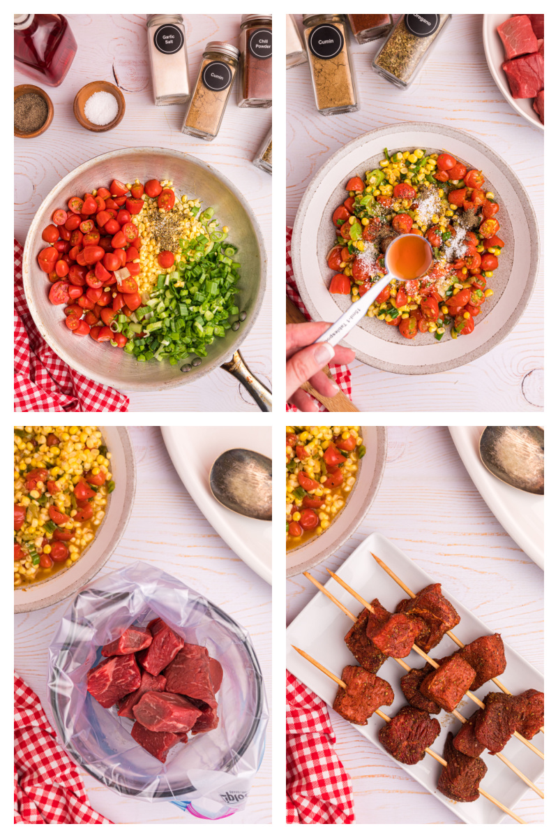 four photos showing how to make grilled beef kabobs with corn tomato salsa