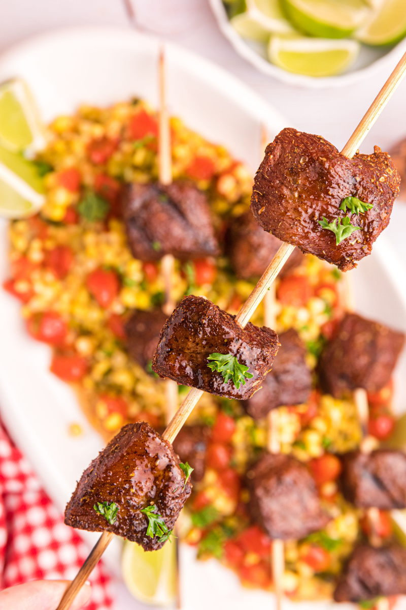 close up of grilled beef kabob