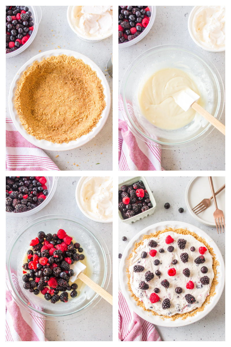 four photos showing how to make no bake berry pie