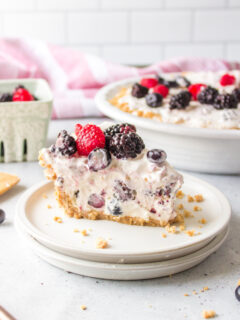 slice of easy no bake berry pie on plate